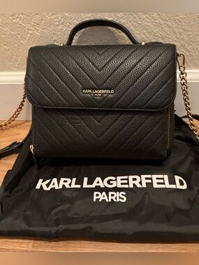 Karl Lagerfeld Black Quilted Leather Satchel with Gold Chain